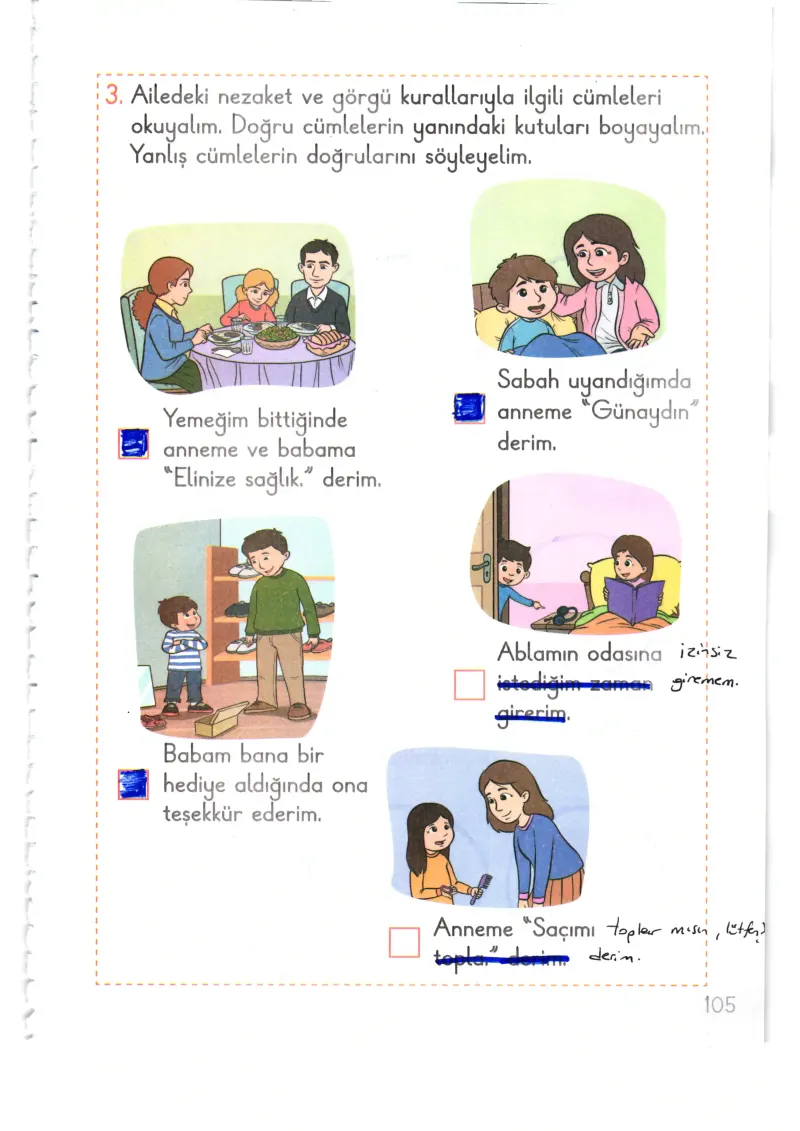 1. Sınıf Hayat Bilgisi Ders Kitabı Cevapları Meb Yayınları 1. Kitap Sayfa 105 Çözüm Görseli