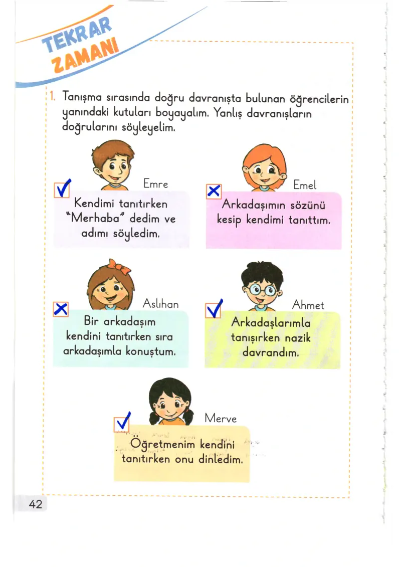 1. Sınıf Hayat Bilgisi Ders Kitabı Cevapları Meb Yayınları 1. Kitap Sayfa 42 Çözüm Görseli