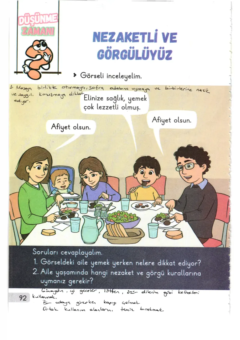 1. Sınıf Hayat Bilgisi Ders Kitabı Cevapları Meb Yayınları 1. Kitap Sayfa 92 Çözüm Görseli