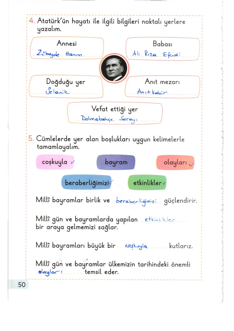 1. Sınıf Hayat Bilgisi Ders Kitabı Cevapları Meb Yayınları 2. Kitap Sayfa 50 Çözüm Görseli