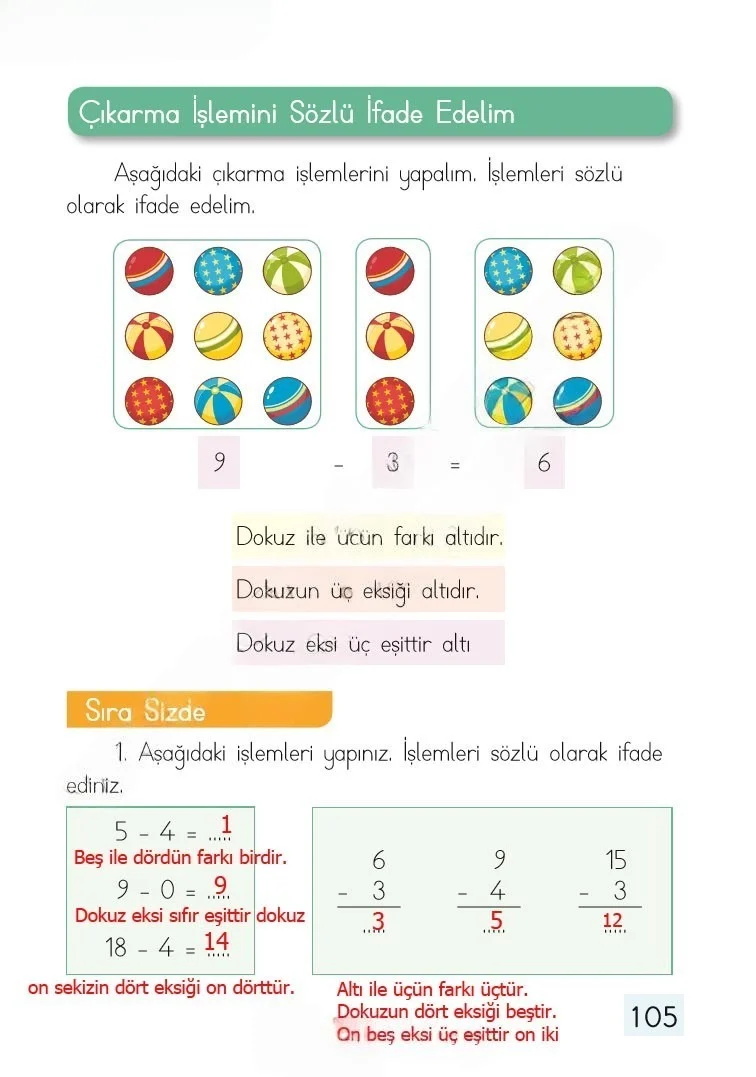 1. Sınıf Matematik Ders Kitabı Cevapları Dizin Yayıncılık Sayfa 105 Çözüm Görseli