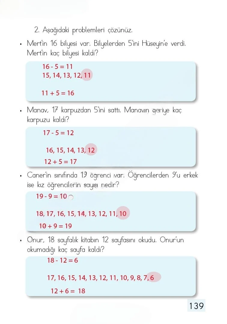 1. Sınıf Matematik Ders Kitabı Cevapları Dizin Yayıncılık Sayfa 139 Çözüm Görseli