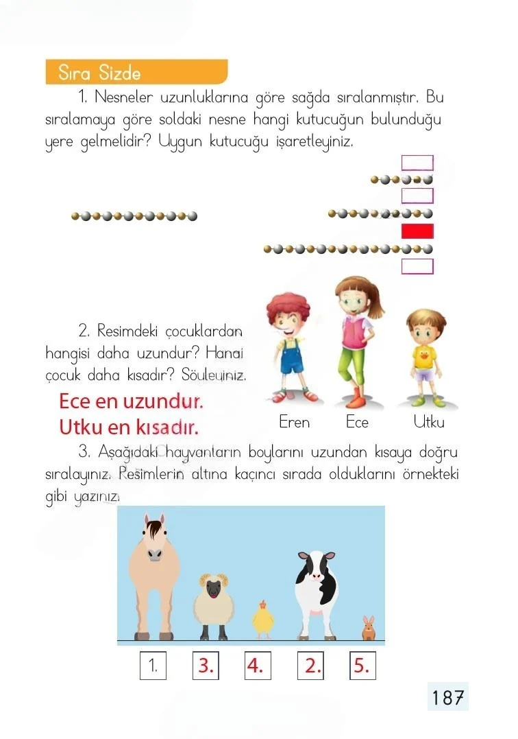 1. Sınıf Matematik Ders Kitabı Cevapları Dizin Yayıncılık Sayfa 187 Çözüm Görseli