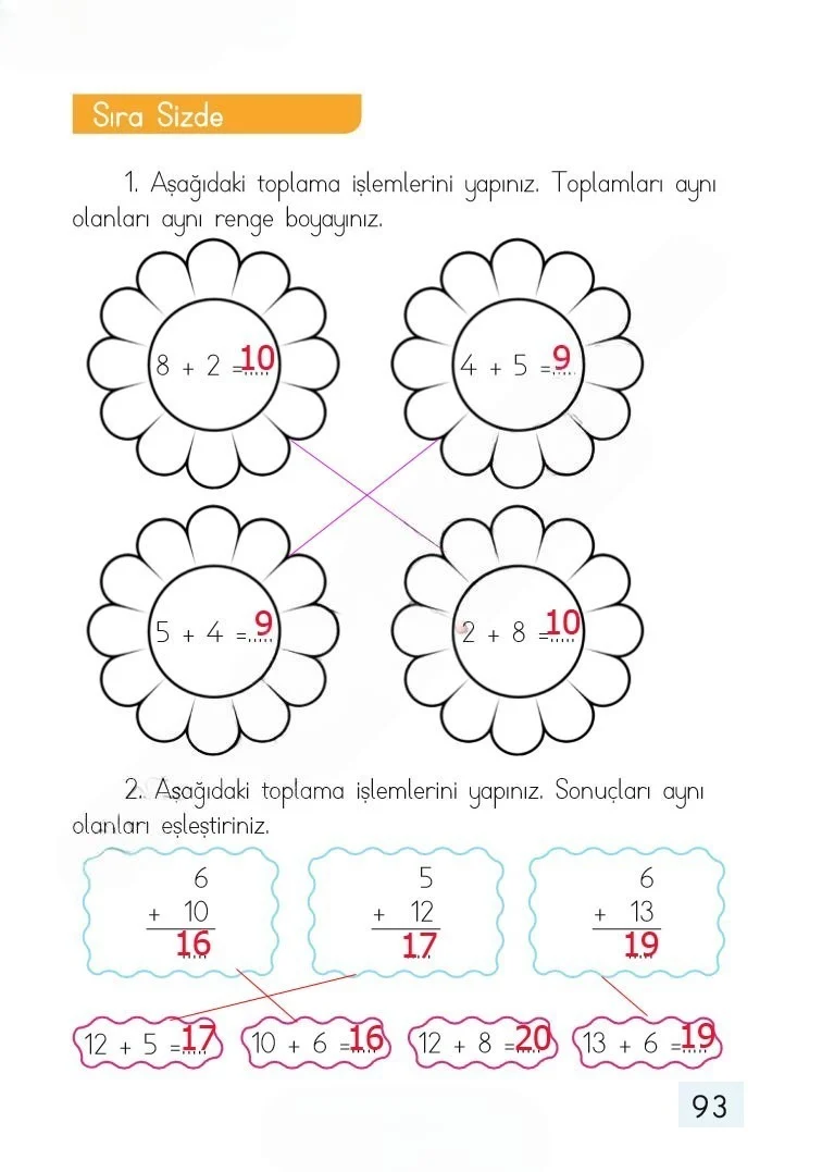 1. Sınıf Matematik Ders Kitabı Cevapları Dizin Yayıncılık Sayfa 93 Çözüm Görseli