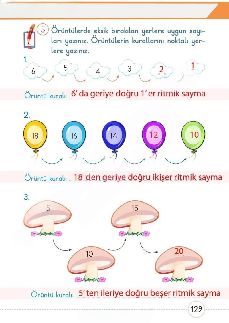 1. Sınıf Matematik Ders Kitabı Cevapları Meb Yayınları 1. Kitap Sayfa 129 Çözüm Görseli
