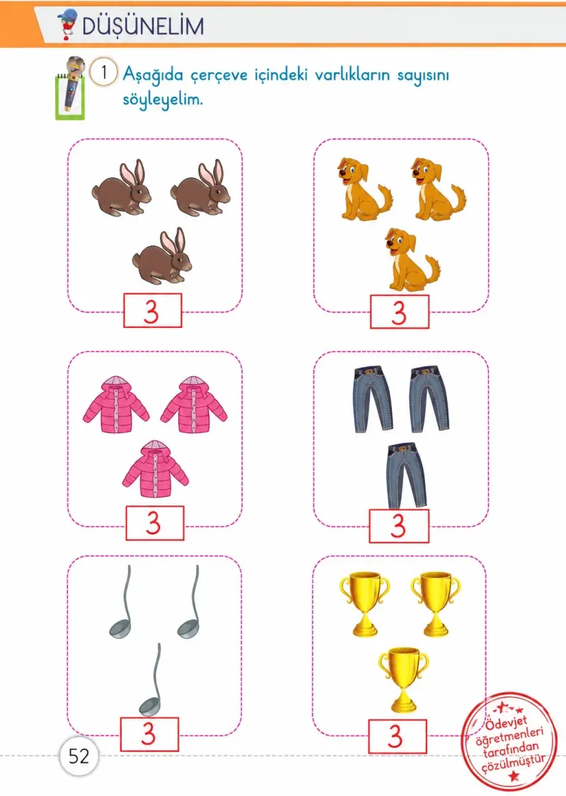 1. Sınıf Matematik Ders Kitabı Cevapları Meb Yayınları 1. Kitap Sayfa 52 Çözüm Görseli