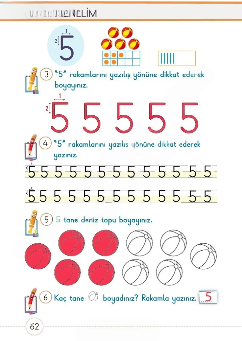 1. Sınıf Matematik Ders Kitabı Cevapları Meb Yayınları 1. Kitap Sayfa 62 Çözüm Görseli