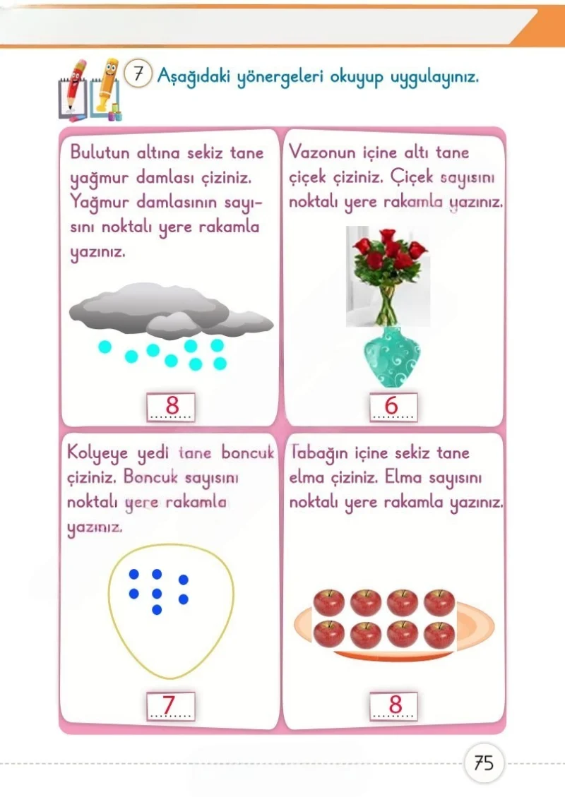 1. Sınıf Matematik Ders Kitabı Cevapları Meb Yayınları 1. Kitap Sayfa 75 Çözüm Görseli
