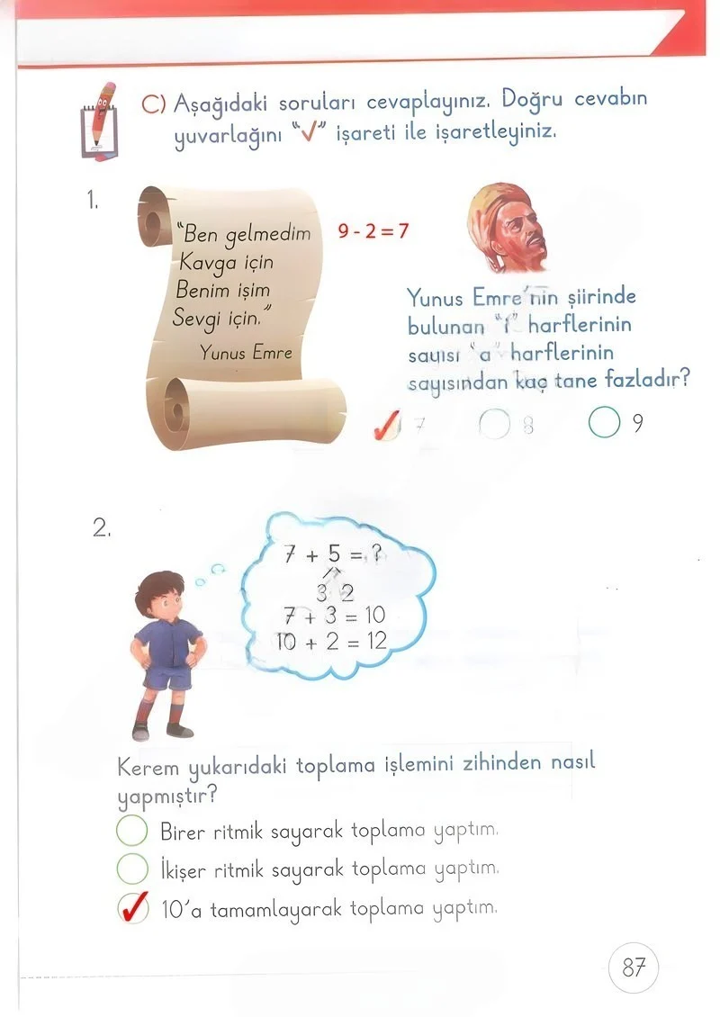 1. Sınıf Matematik Ders Kitabı Cevapları Meb Yayınları 2. Kitap Sayfa 87 Çözüm Görseli