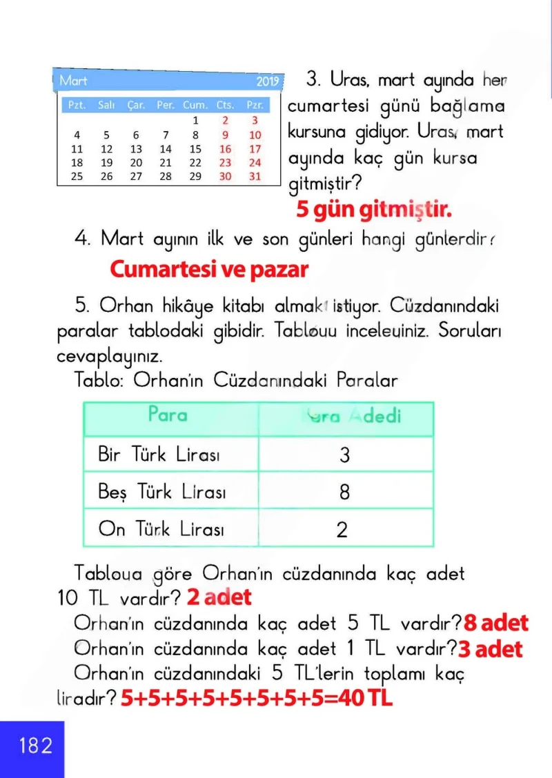 1. Sınıf Matematik Ders Kitabı Cevapları Meb Yayınları Sayfa 182 Çözüm Görseli
