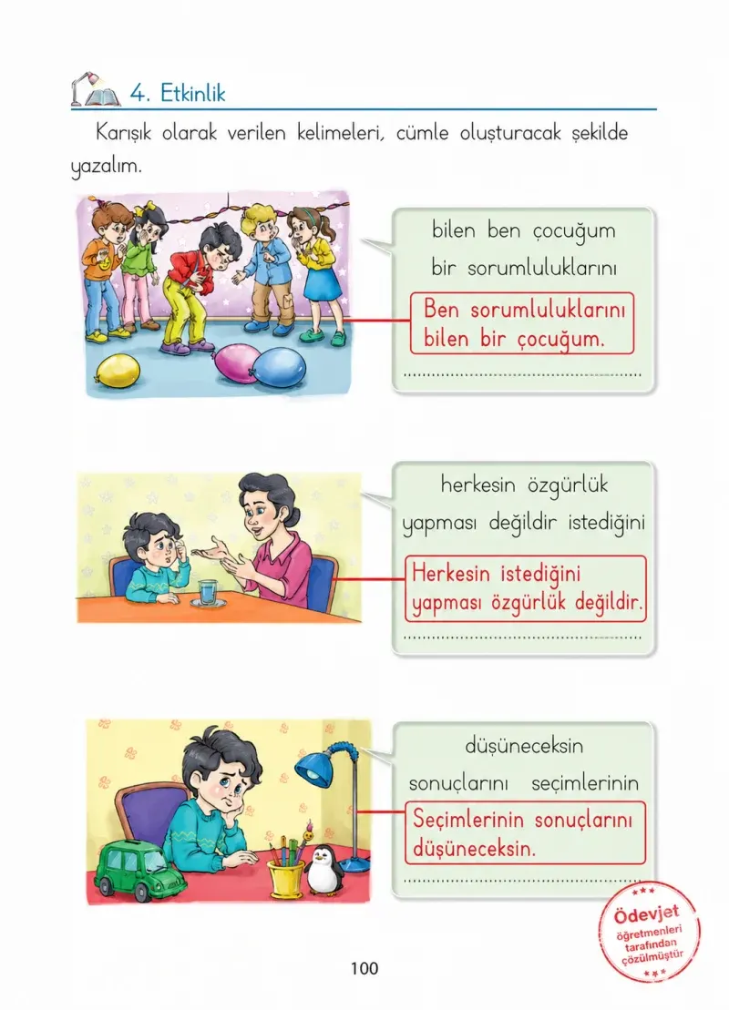 1. Sınıf Türkçe Ders Kitabı Cevapları Ada Matbaacılık Yayıncılık Sayfa 100 Çözüm Görseli