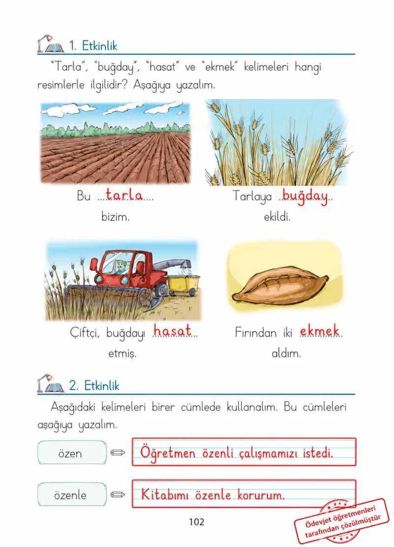 1. Sınıf Türkçe Ders Kitabı Cevapları Ada Matbaacılık Yayıncılık Sayfa 102 Çözüm Görseli