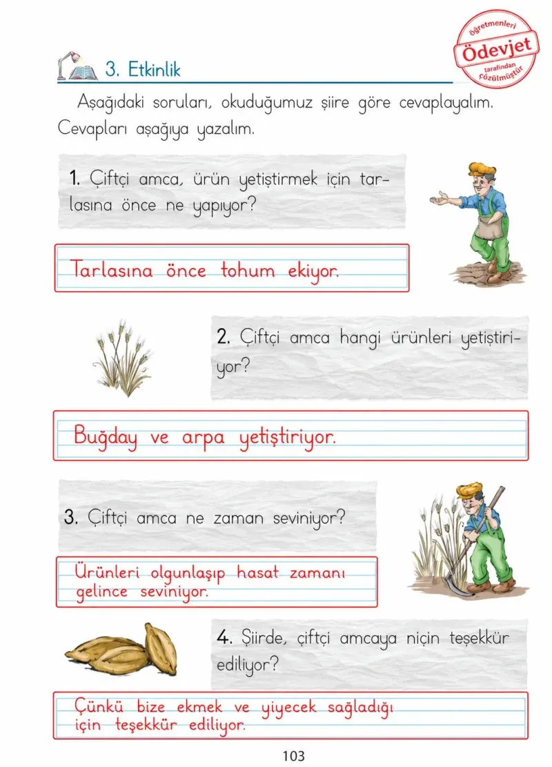 1. Sınıf Türkçe Ders Kitabı Cevapları Ada Matbaacılık Yayıncılık Sayfa 103 Çözüm Görseli