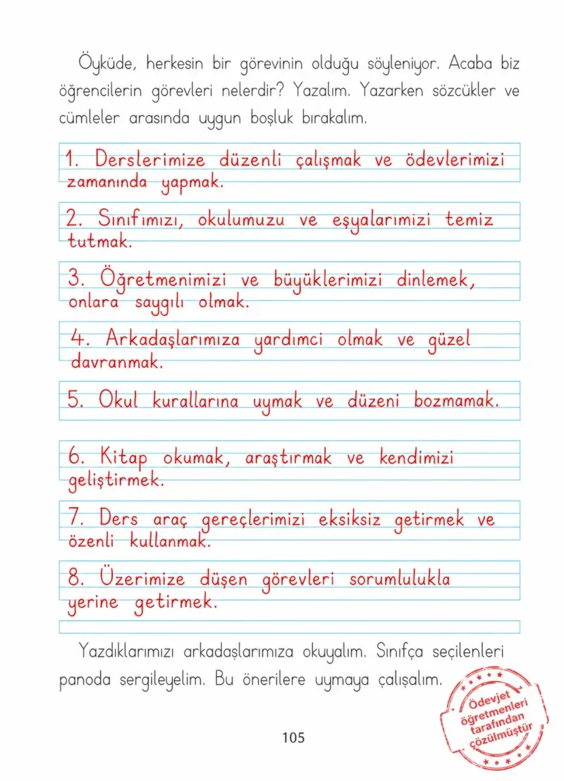 1. Sınıf Türkçe Ders Kitabı Cevapları Ada Matbaacılık Yayıncılık Sayfa 105 Çözüm Görseli