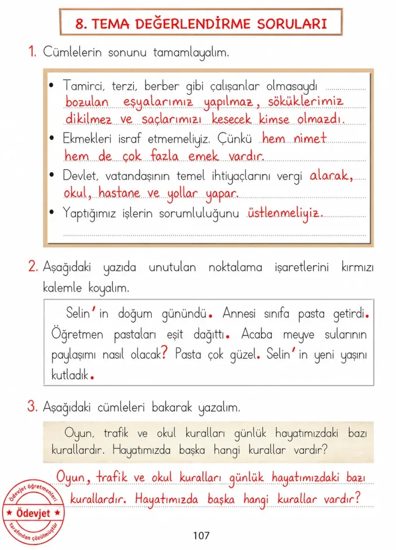 1. Sınıf Türkçe Ders Kitabı Cevapları Ada Matbaacılık Yayıncılık Sayfa 107 Çözüm Görseli
