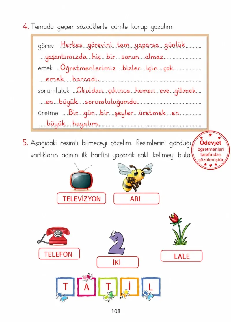 1. Sınıf Türkçe Ders Kitabı Cevapları Ada Matbaacılık Yayıncılık Sayfa 108 Çözüm Görseli