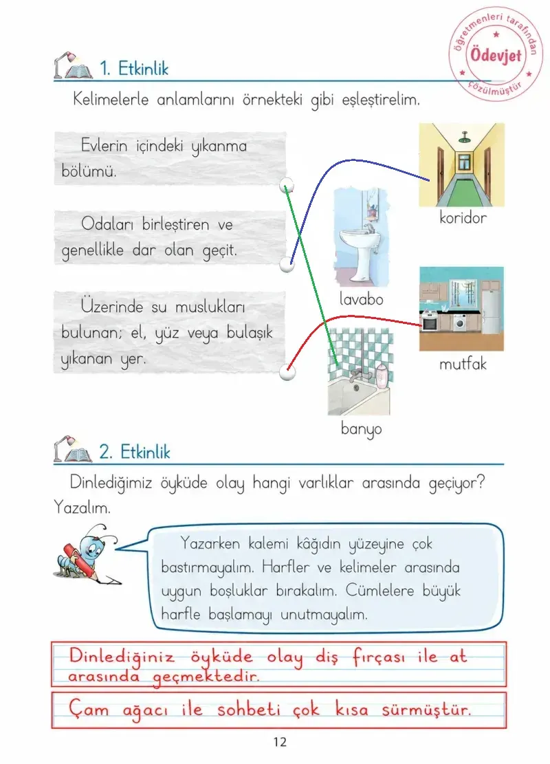 1. Sınıf Türkçe Ders Kitabı Cevapları Ada Matbaacılık Yayıncılık Sayfa 12 Çözüm Görseli