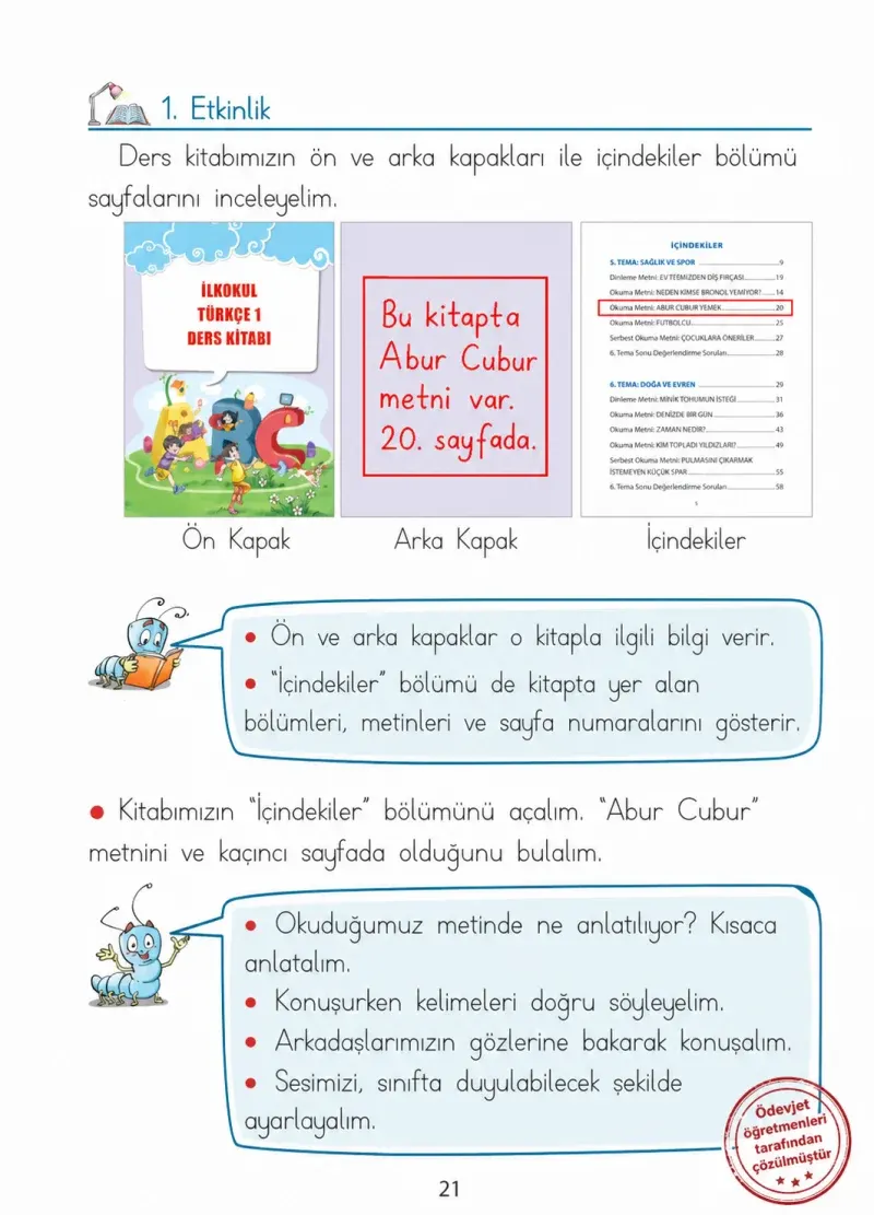 1. Sınıf Türkçe Ders Kitabı Cevapları Ada Matbaacılık Yayıncılık Sayfa 21 Çözüm Görseli