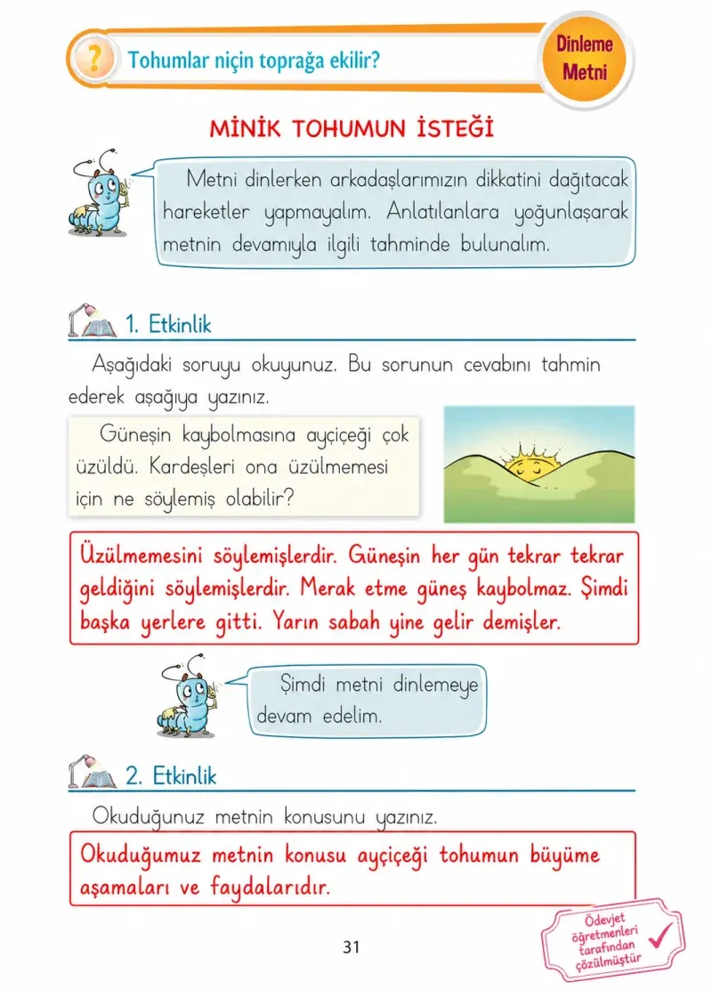 1. Sınıf Türkçe Ders Kitabı Cevapları Ada Matbaacılık Yayıncılık Sayfa 31 Çözüm Görseli
