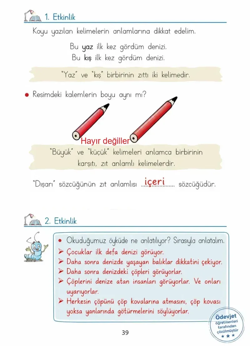 1. Sınıf Türkçe Ders Kitabı Cevapları Ada Matbaacılık Yayıncılık Sayfa 39 Çözüm Görseli