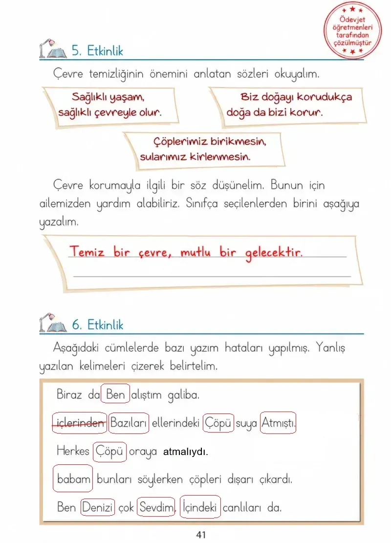 1. Sınıf Türkçe Ders Kitabı Cevapları Ada Matbaacılık Yayıncılık Sayfa 41 Çözüm Görseli