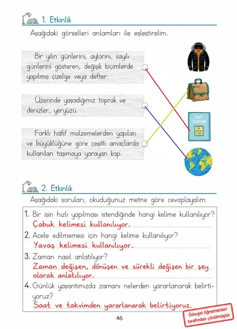 1. Sınıf Türkçe Ders Kitabı Cevapları Ada Matbaacılık Yayıncılık Sayfa 46 Çözüm Görseli