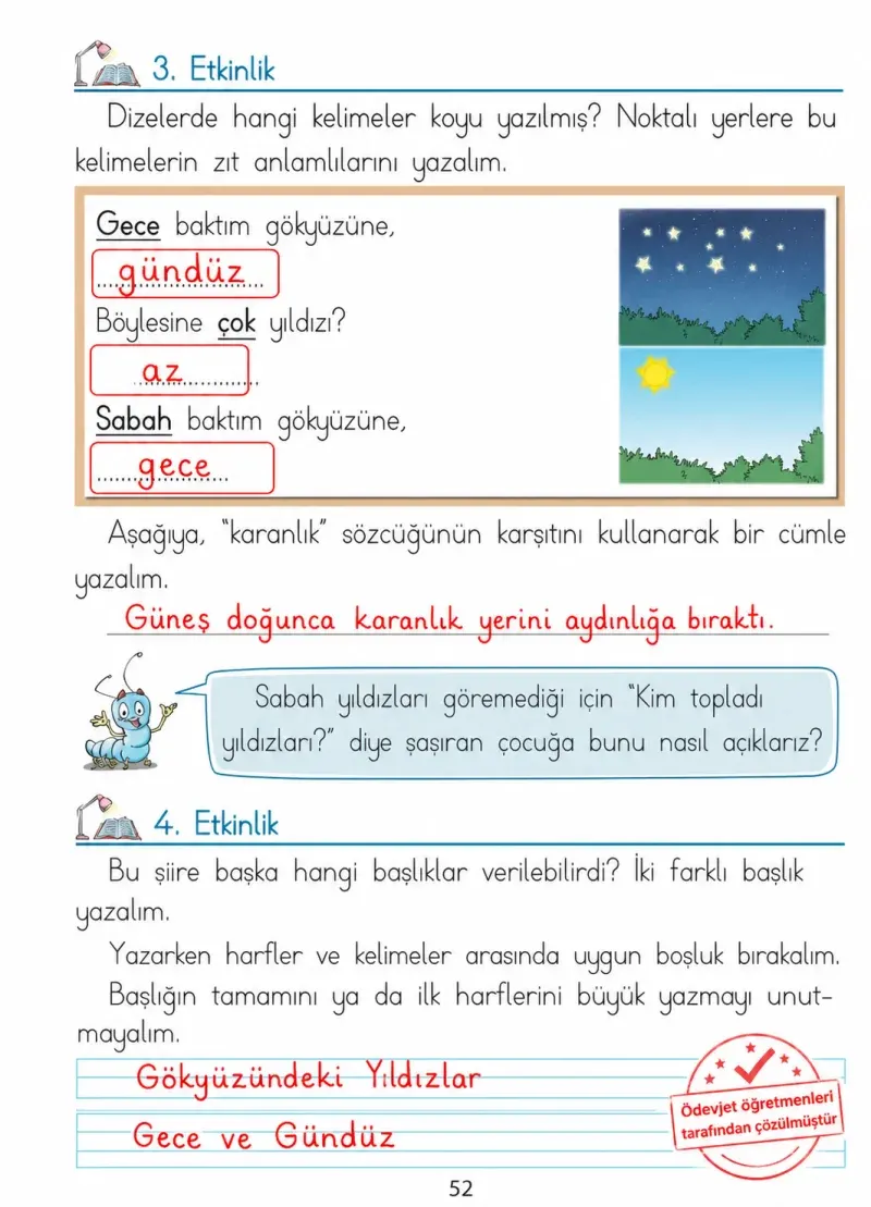 1. Sınıf Türkçe Ders Kitabı Cevapları Ada Matbaacılık Yayıncılık Sayfa 52 Çözüm Görseli