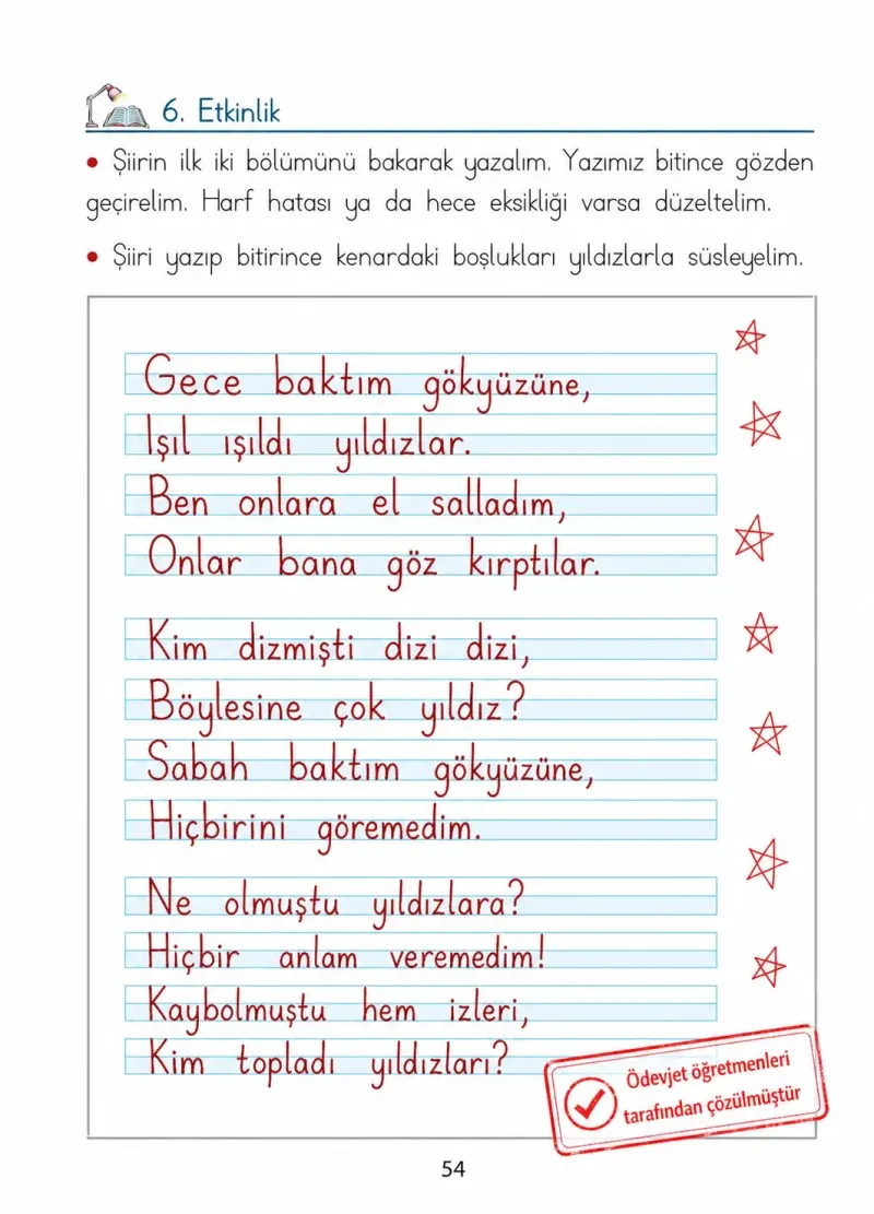 1. Sınıf Türkçe Ders Kitabı Cevapları Ada Matbaacılık Yayıncılık Sayfa 54 Çözüm Görseli