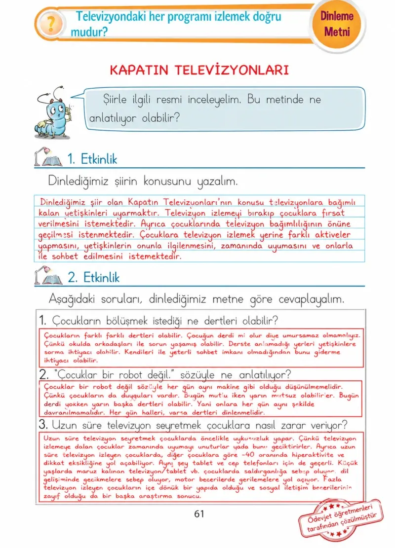1. Sınıf Türkçe Ders Kitabı Cevapları Ada Matbaacılık Yayıncılık Sayfa 61 Çözüm Görseli