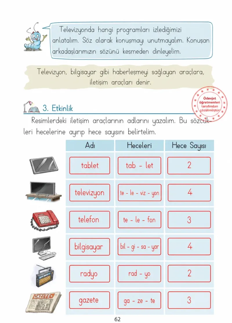 1. Sınıf Türkçe Ders Kitabı Cevapları Ada Matbaacılık Yayıncılık Sayfa 62 Çözüm Görseli