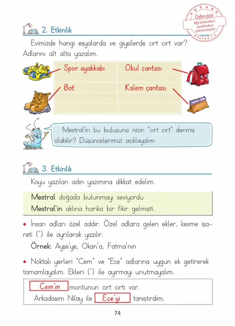 1. Sınıf Türkçe Ders Kitabı Cevapları Ada Matbaacılık Yayıncılık Sayfa 74 Çözüm Görseli