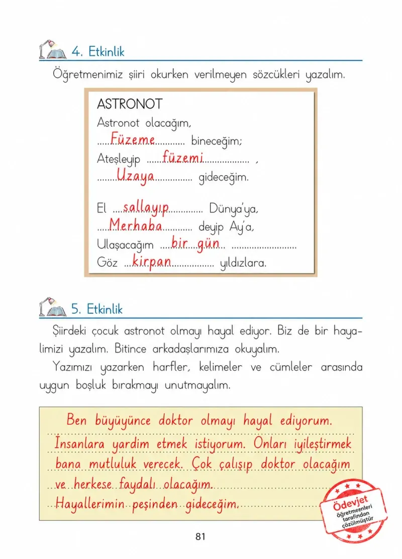 1. Sınıf Türkçe Ders Kitabı Cevapları Ada Matbaacılık Yayıncılık Sayfa 81 Çözüm Görseli