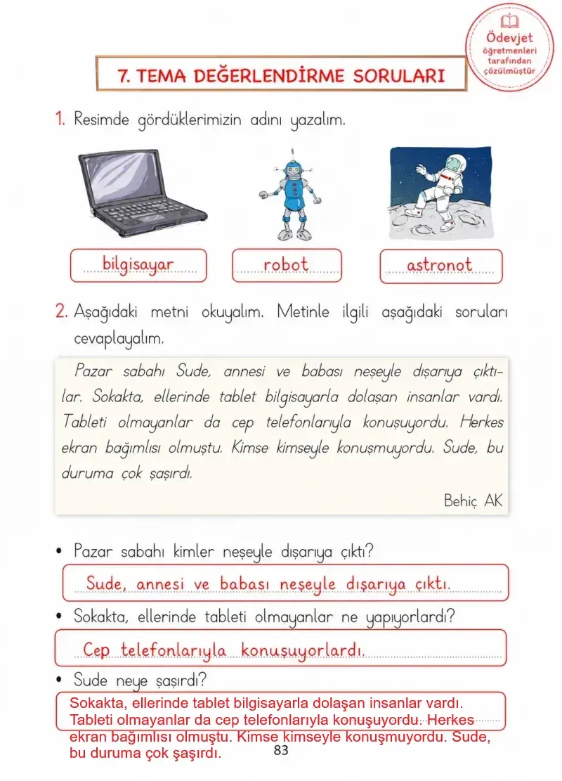 1. Sınıf Türkçe Ders Kitabı Cevapları Ada Matbaacılık Yayıncılık Sayfa 83 Çözüm Görseli