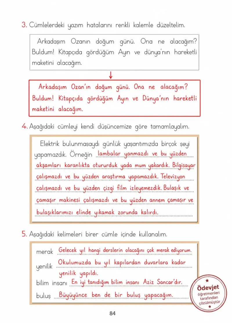 1. Sınıf Türkçe Ders Kitabı Cevapları Ada Matbaacılık Yayıncılık Sayfa 84 Çözüm Görseli
