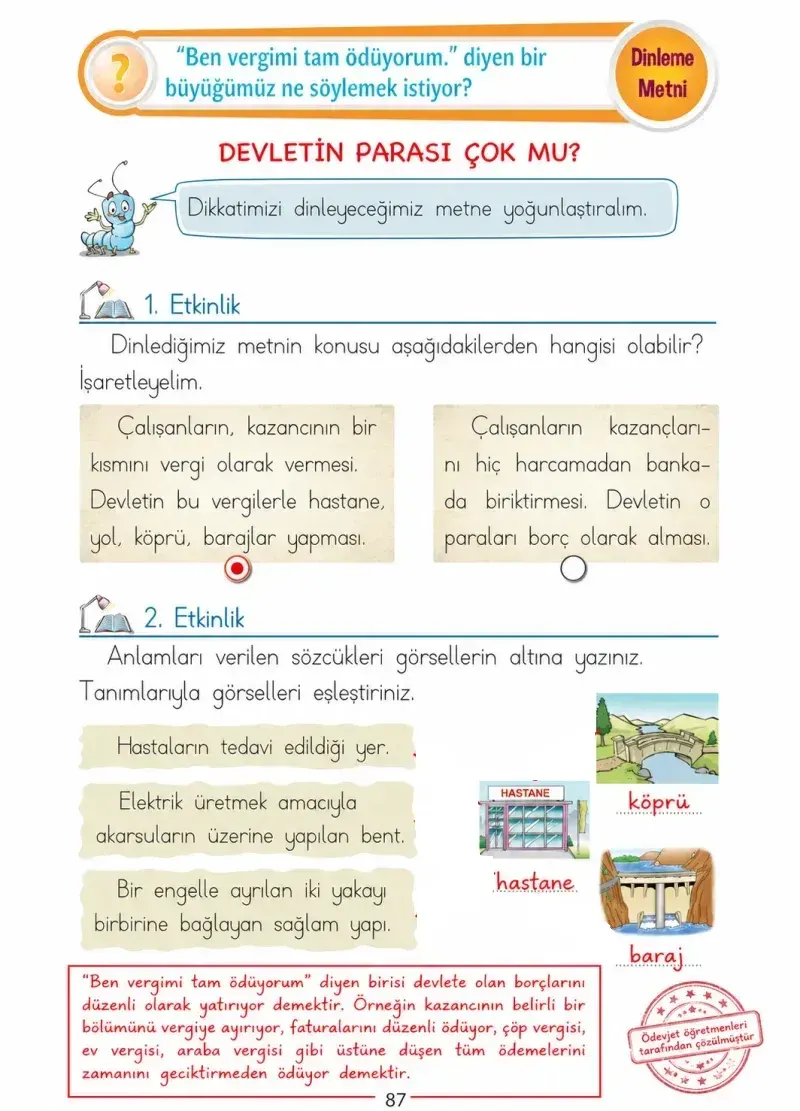 1. Sınıf Türkçe Ders Kitabı Cevapları Ada Matbaacılık Yayıncılık Sayfa 87 Çözüm Görseli