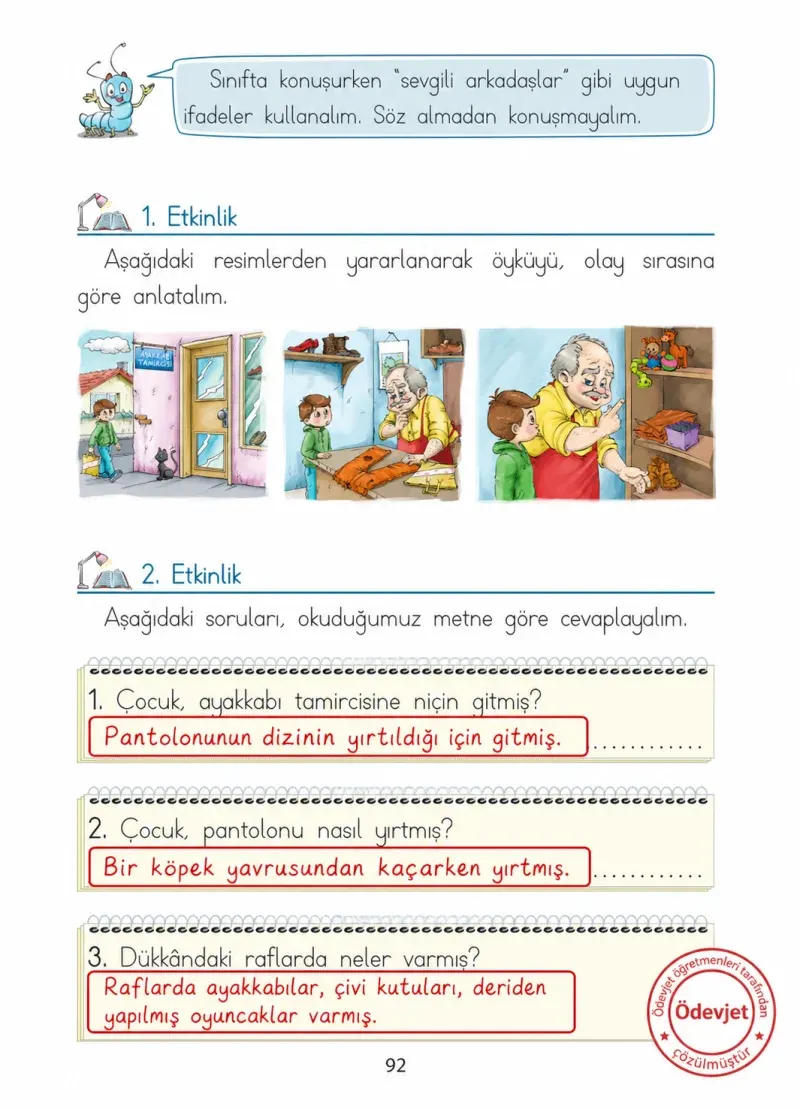 1. Sınıf Türkçe Ders Kitabı Cevapları Ada Matbaacılık Yayıncılık Sayfa 92 Çözüm Görseli