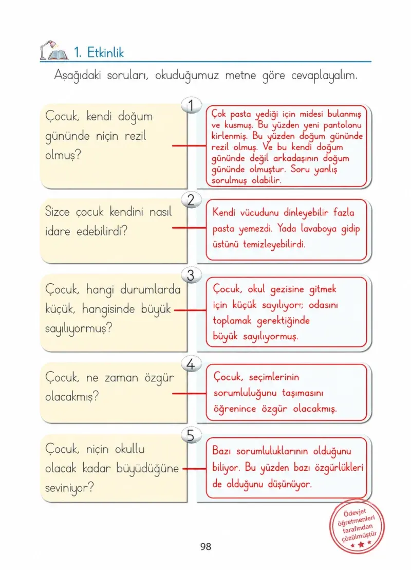 1. Sınıf Türkçe Ders Kitabı Cevapları Ada Matbaacılık Yayıncılık Sayfa 98 Çözüm Görseli