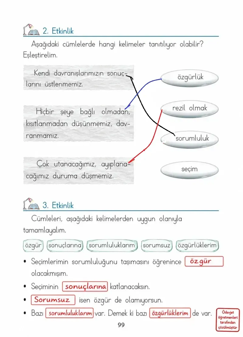 1. Sınıf Türkçe Ders Kitabı Cevapları Ada Matbaacılık Yayıncılık Sayfa 99 Çözüm Görseli