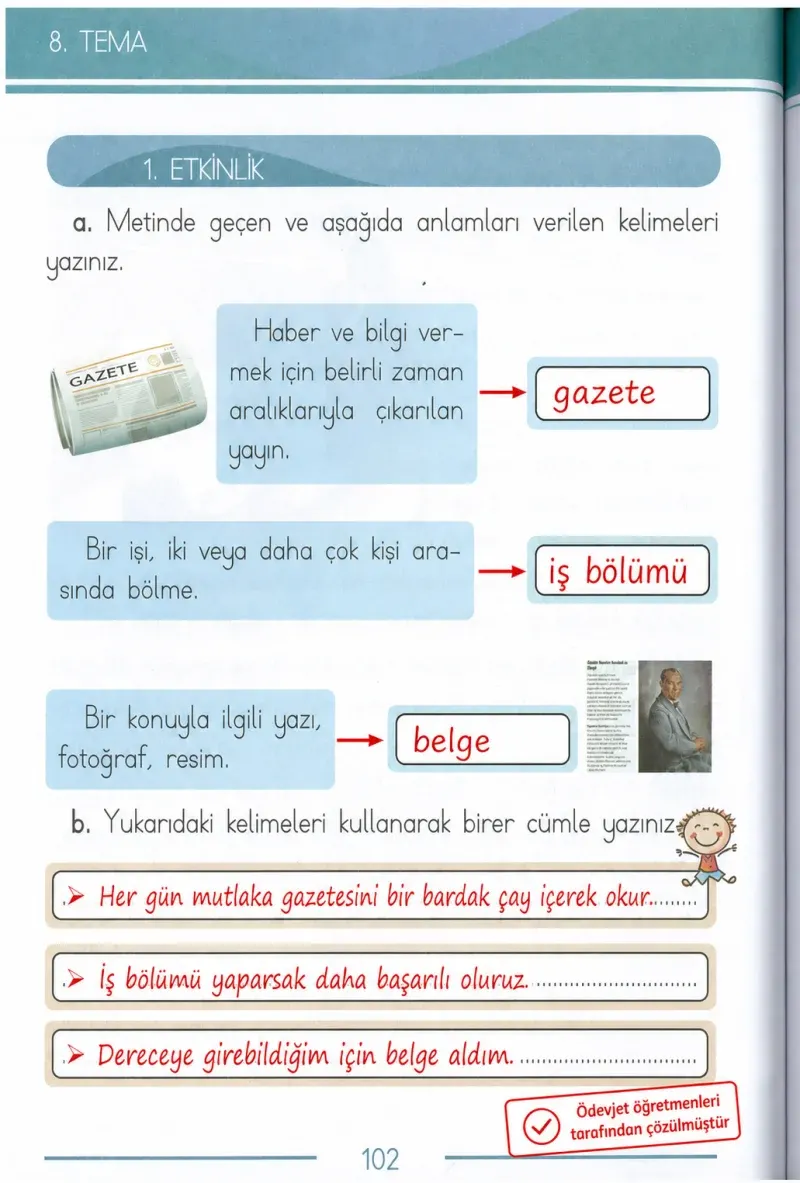 1. Sınıf Türkçe Ders Kitabı Cevapları Bilim ve Kültür Yayınları Sayfa 102 Çözüm Görseli