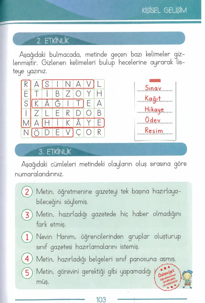 1. Sınıf Türkçe Ders Kitabı Cevapları Bilim ve Kültür Yayınları Sayfa 103 Çözüm Görseli