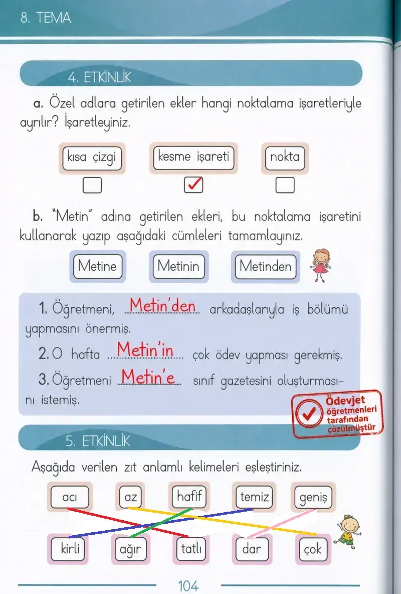 1. Sınıf Türkçe Ders Kitabı Cevapları Bilim ve Kültür Yayınları Sayfa 104 Çözüm Görseli
