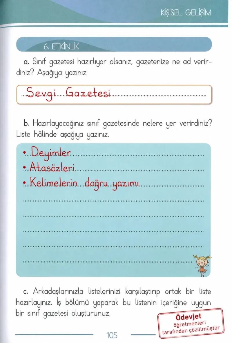 1. Sınıf Türkçe Ders Kitabı Cevapları Bilim ve Kültür Yayınları Sayfa 105 Çözüm Görseli