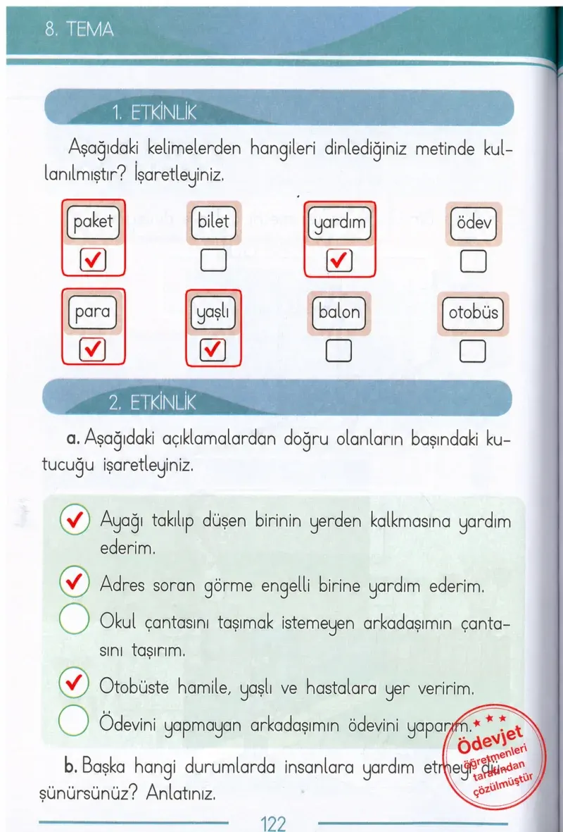 1. Sınıf Türkçe Ders Kitabı Cevapları Bilim ve Kültür Yayınları Sayfa 122 Çözüm Görseli