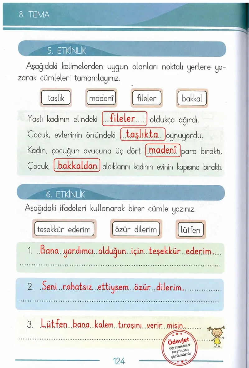 1. Sınıf Türkçe Ders Kitabı Cevapları Bilim ve Kültür Yayınları Sayfa 124 Çözüm Görseli