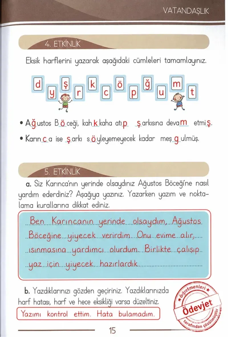 1. Sınıf Türkçe Ders Kitabı Cevapları Bilim ve Kültür Yayınları Sayfa 15 Çözüm Görseli