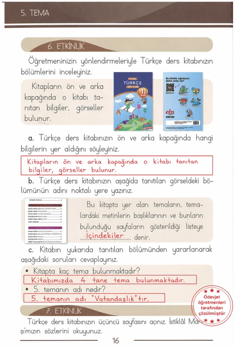 1. Sınıf Türkçe Ders Kitabı Cevapları Bilim ve Kültür Yayınları Sayfa 16 Çözüm Görseli