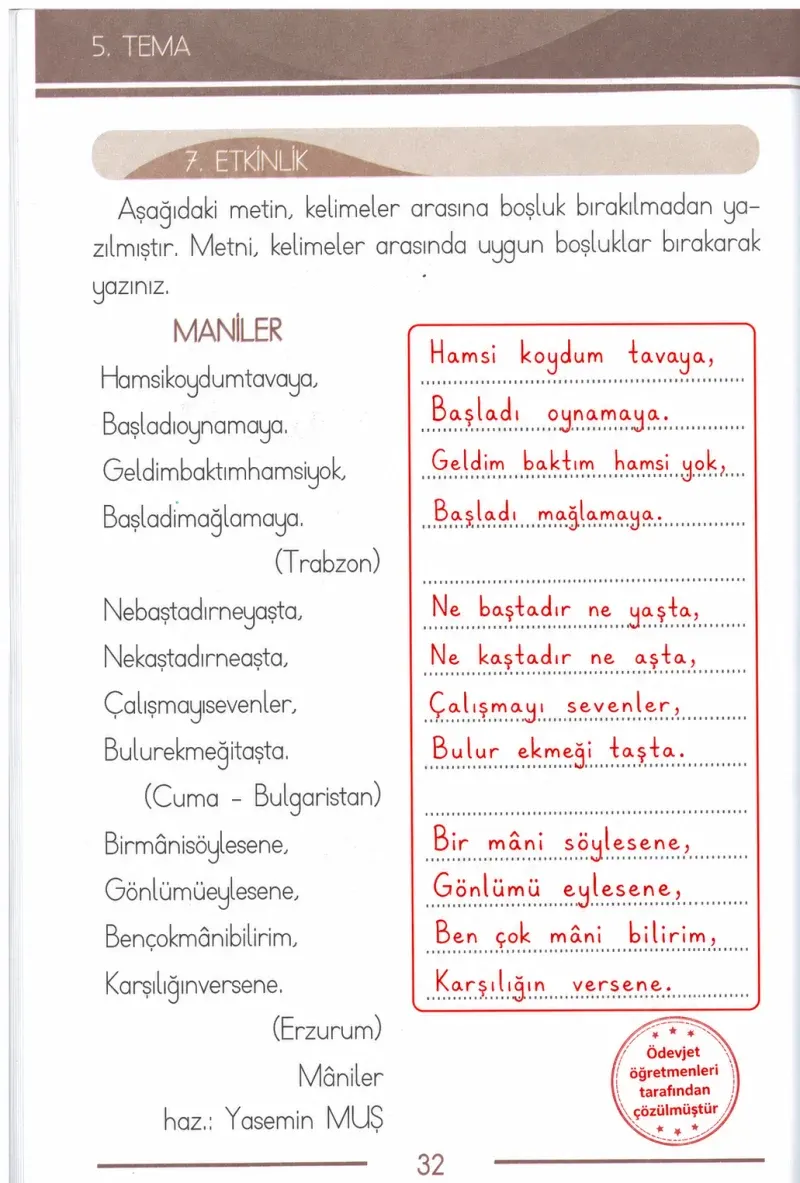 1. Sınıf Türkçe Ders Kitabı Cevapları Bilim ve Kültür Yayınları Sayfa 32 Çözüm Görseli