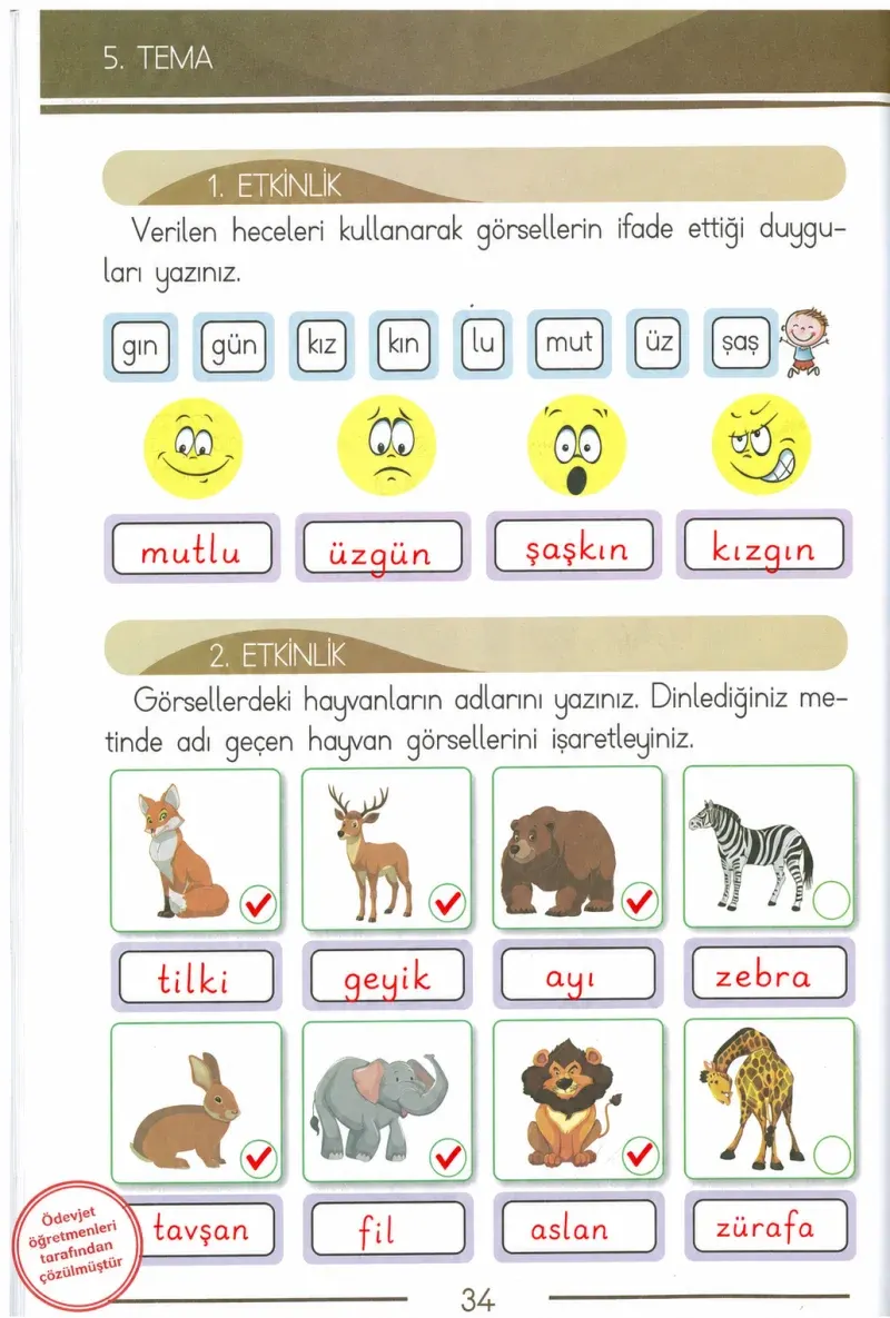 1. Sınıf Türkçe Ders Kitabı Cevapları Bilim ve Kültür Yayınları Sayfa 34 Çözüm Görseli