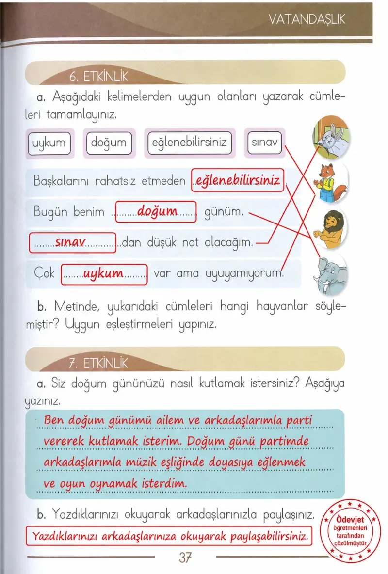 1. Sınıf Türkçe Ders Kitabı Cevapları Bilim ve Kültür Yayınları Sayfa 37 Çözüm Görseli