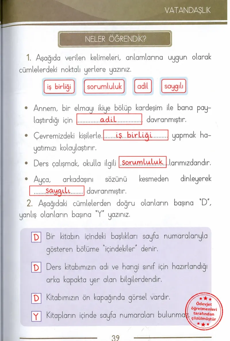 1. Sınıf Türkçe Ders Kitabı Cevapları Bilim ve Kültür Yayınları Sayfa 39 Çözüm Görseli